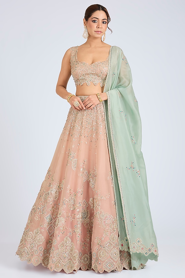 Soft Berry Organza Zardosi Embroidered Bridal Lehenga Set by OSAA By Adarsh at Pernia's Pop Up Shop