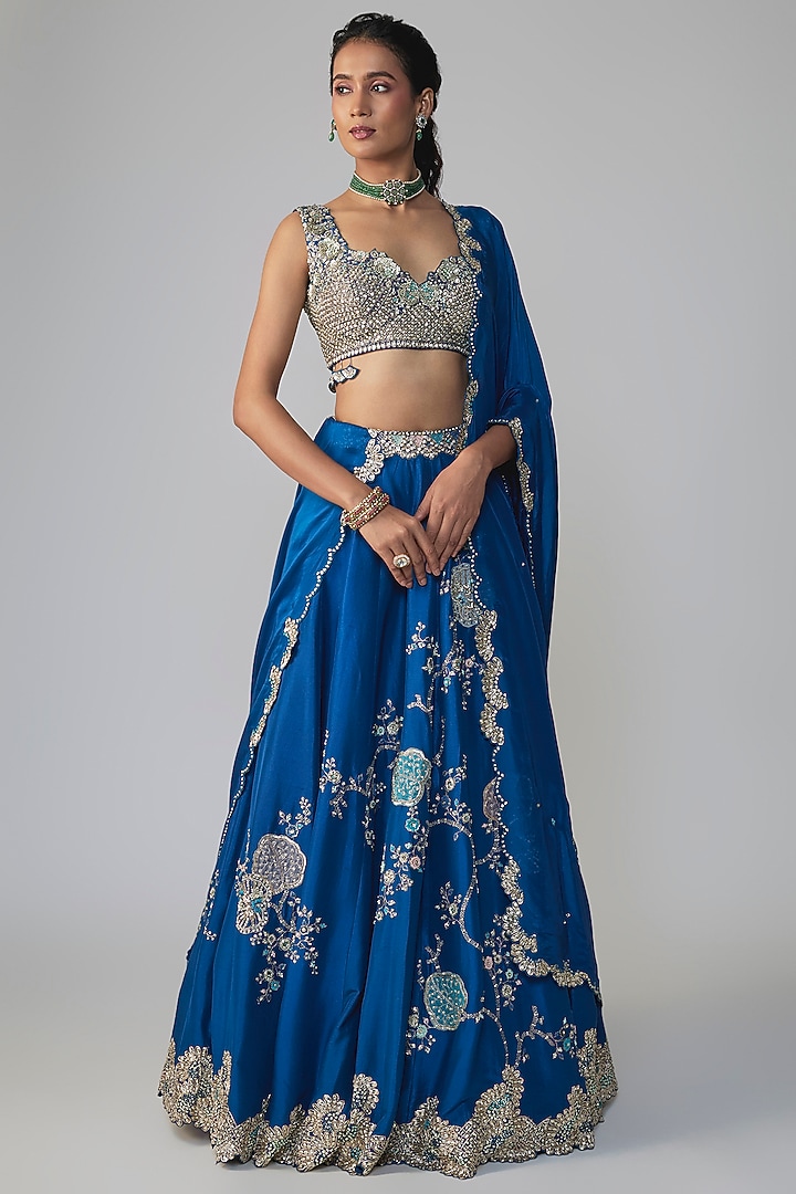 Jade Blue Mulberry Silk Zardosi Embroidered Bridal Lehenga Set by OSAA By Adarsh at Pernia's Pop Up Shop