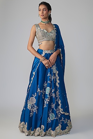 Jade Blue Mulberry Silk Zardosi Embroidered Lehenga Set by OSAA By Adarsh