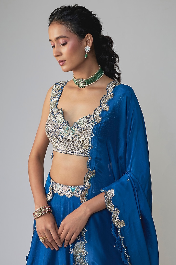 Jade Blue Mulberry Silk Zardosi Embroidered Bridal Lehenga Set by OSAA By Adarsh at Pernia's Pop Up Shop