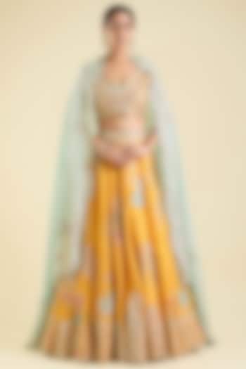 Peel Orange Organza Aari Work Bridal Lehenga Set by OSAA By Adarsh at Pernia's Pop Up Shop