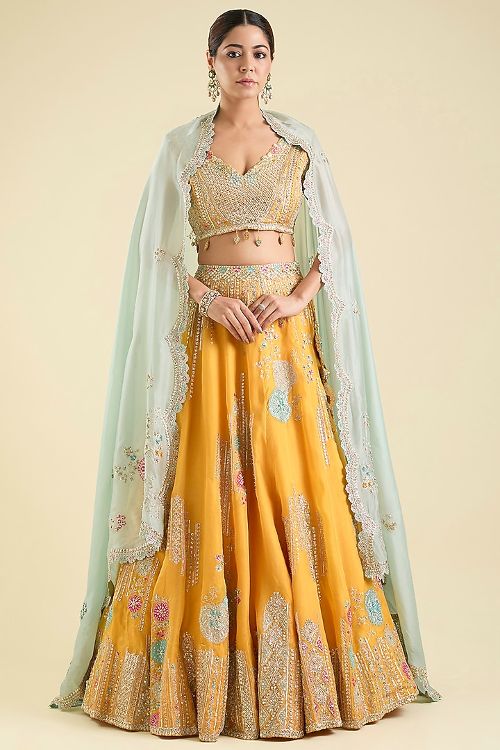 Peel Orange Organza Aari Work Bridal Lehenga Set by OSAA By Adarsh at Pernia's Pop Up Shop