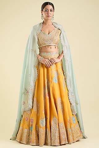 Peel Orange Organza Aari Work Lehenga Set by OSAA By Adarsh