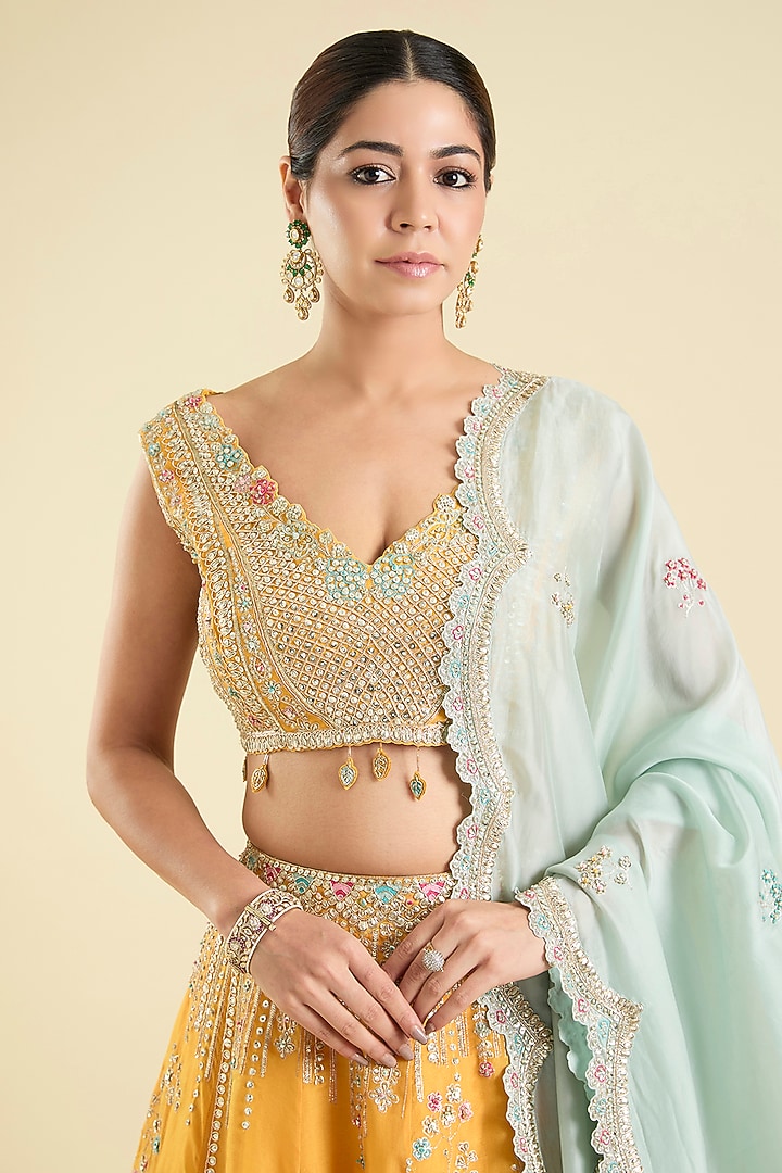 Peel Orange Organza Aari Work Bridal Lehenga Set by OSAA By Adarsh at Pernia's Pop Up Shop