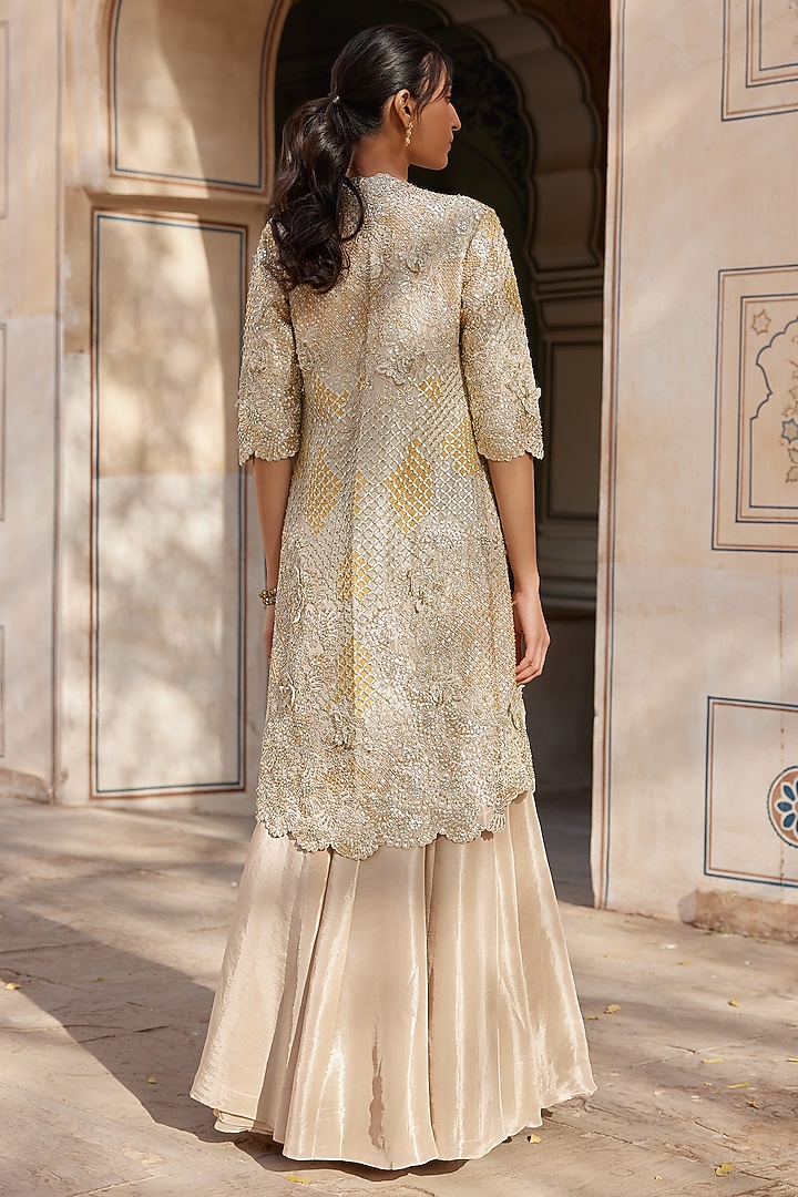 Beige Champagne Tissue Silk Zardosi Embroidered Handcrafted Jacket Set by Osaa By Adarsh at Pernia's Pop Up Shop