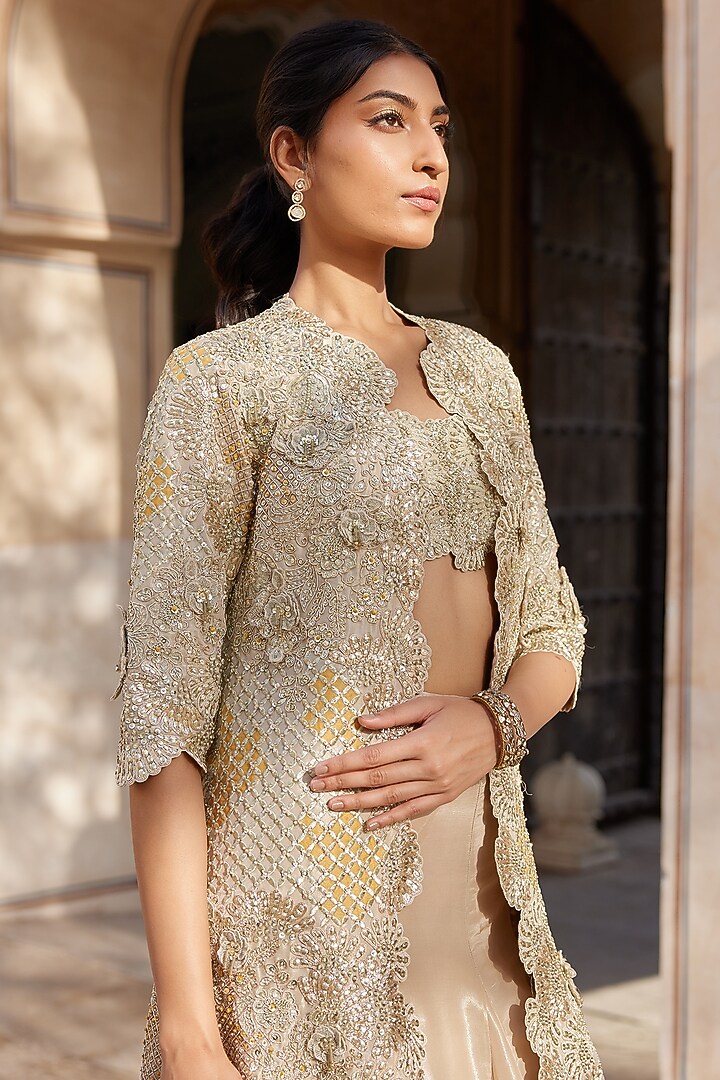 Beige Champagne Tissue Silk Zardosi Embroidered Handcrafted Jacket Set by Osaa By Adarsh at Pernia's Pop Up Shop