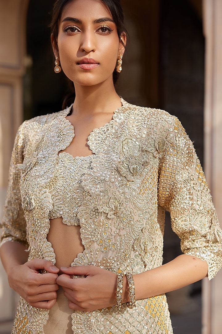 Beige Champagne Tissue Silk Zardosi Embroidered Handcrafted Jacket Set by Osaa By Adarsh at Pernia's Pop Up Shop