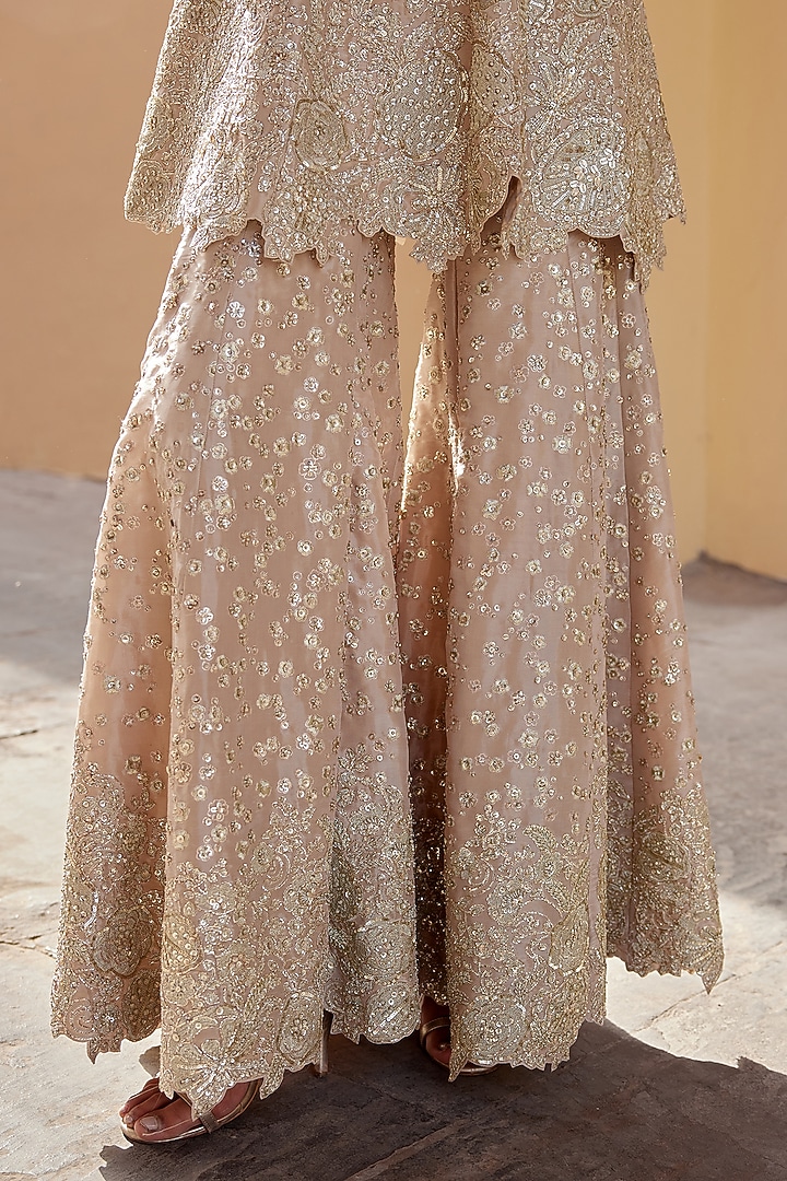 Beige Champagne Tissue Silk Zardosi Embroidered Handcrafted Co-Ord Set by Osaa By Adarsh at Pernia's Pop Up Shop