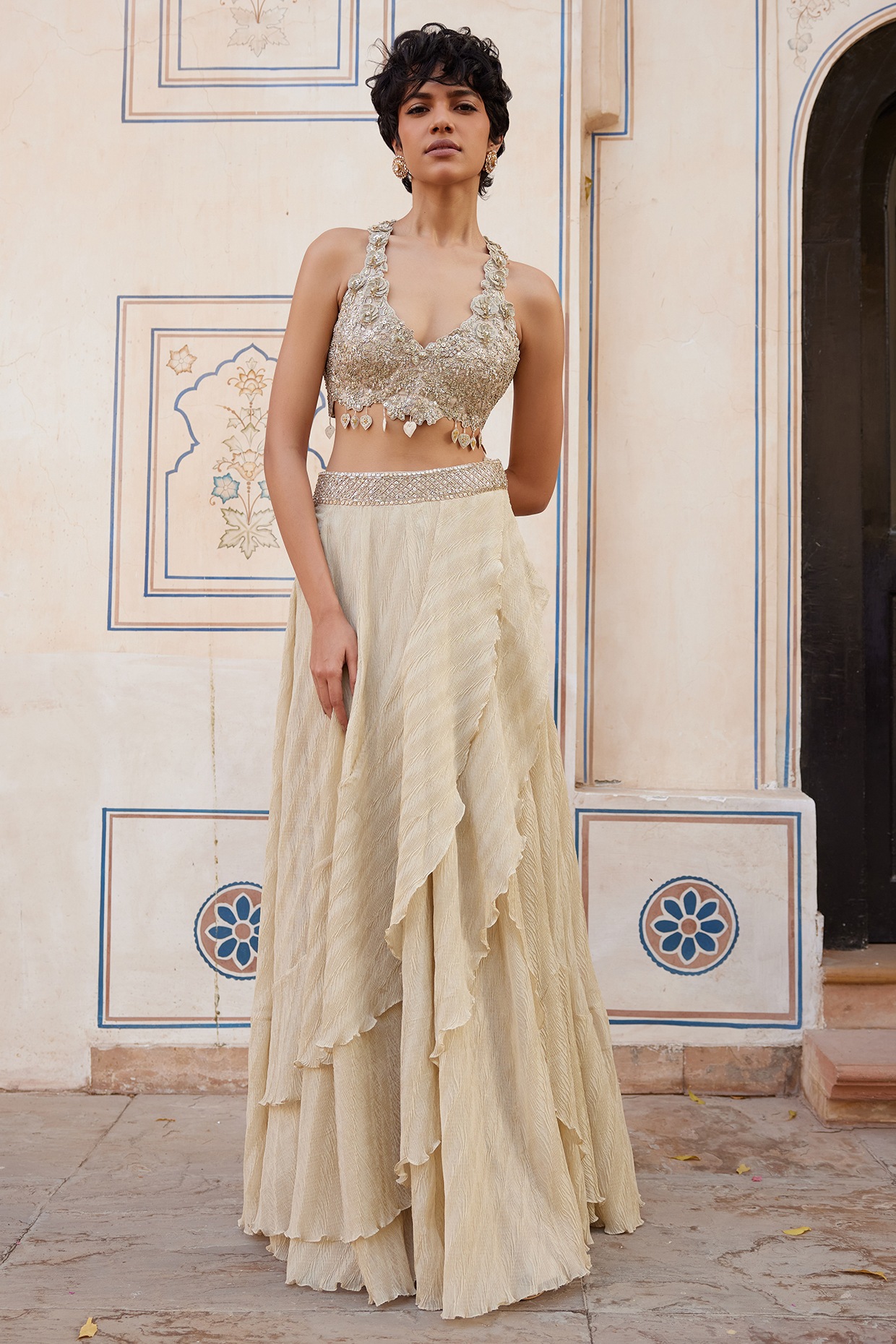 Beige Champagne Tissue Handcrafted Frilled Skirt Set by Osaa