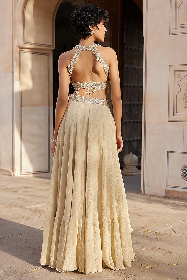 Beige Champagne Tissue Handcrafted Frilled Skirt Set by Osaa By Adarsh at Pernia's Pop Up Shop