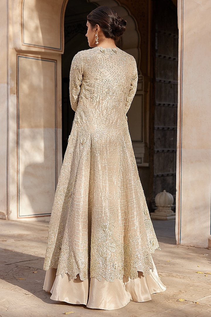 Beige Champagne Tissue Silk Zardosi Embroidered Handcrafted Jacket Set by Osaa By Adarsh at Pernia's Pop Up Shop