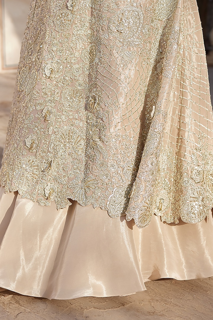 Beige Champagne Tissue Silk Zardosi Embroidered Handcrafted Jacket Set by Osaa By Adarsh at Pernia's Pop Up Shop