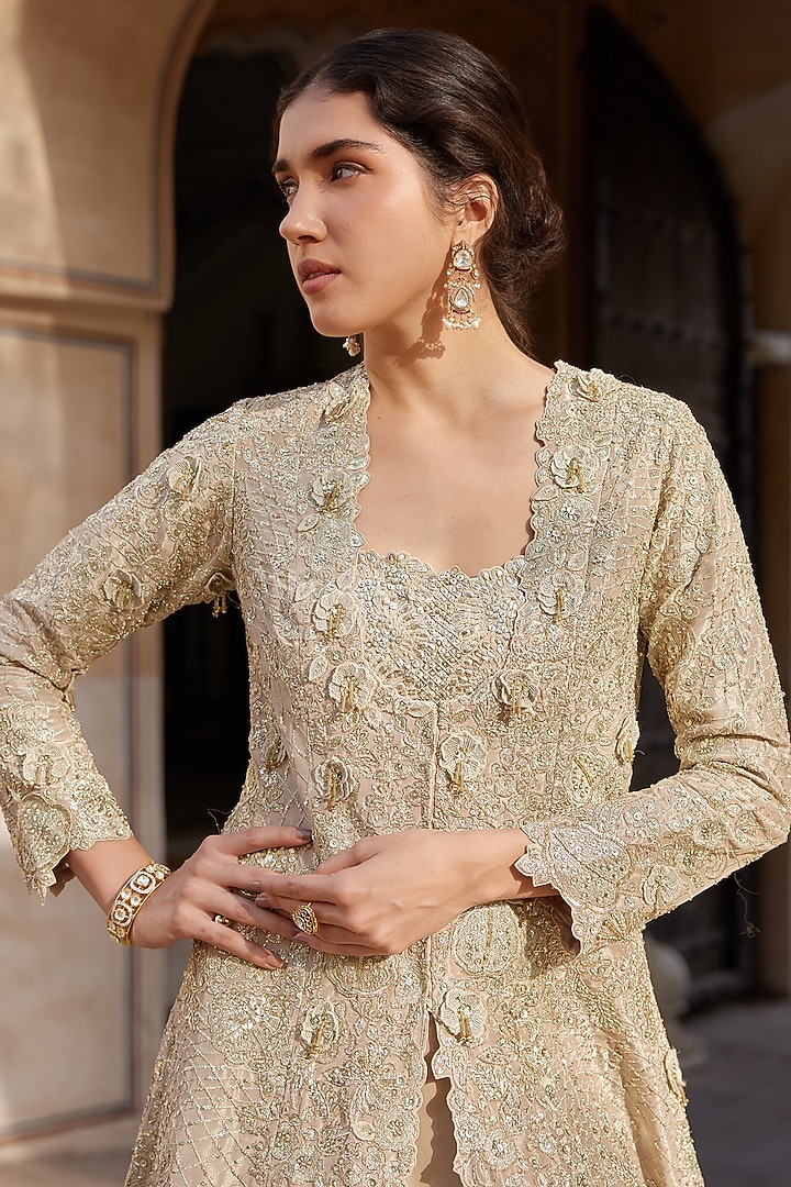 Beige Champagne Tissue Silk Zardosi Embroidered Handcrafted Jacket Set by Osaa By Adarsh at Pernia's Pop Up Shop