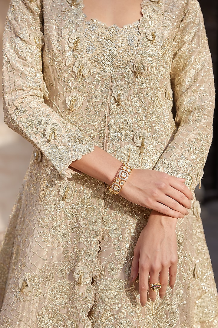 Beige Champagne Tissue Silk Zardosi Embroidered Handcrafted Jacket Set by Osaa By Adarsh at Pernia's Pop Up Shop