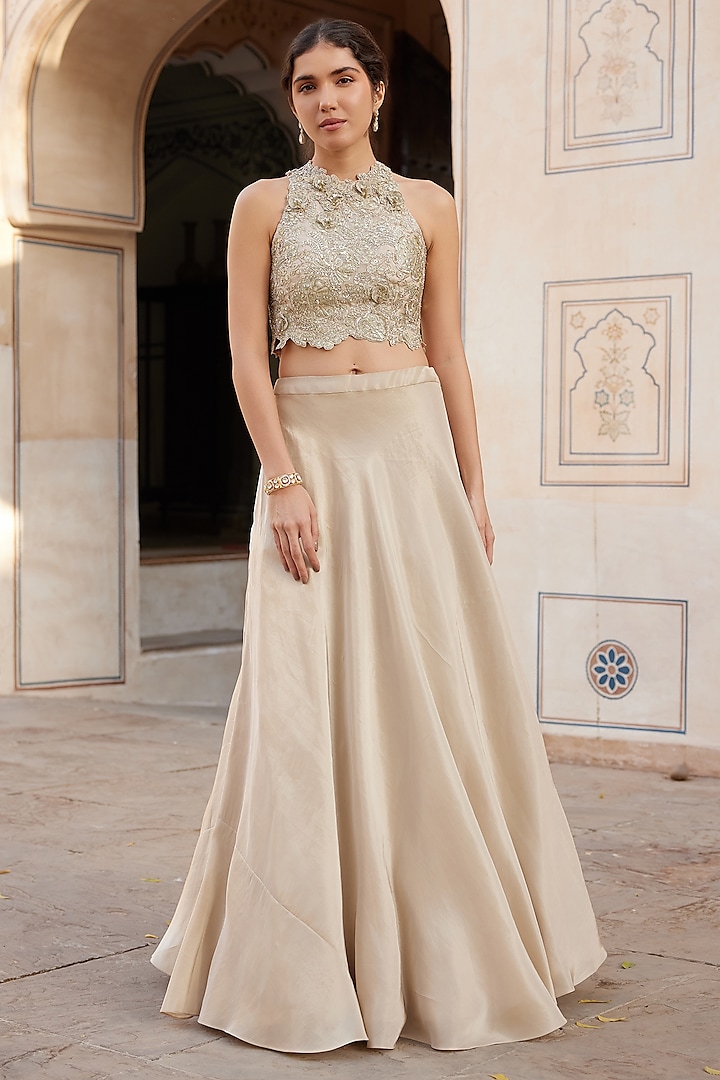 Beige Champagne Tissue Handcrafted Skirt Set by Osaa By Adarsh