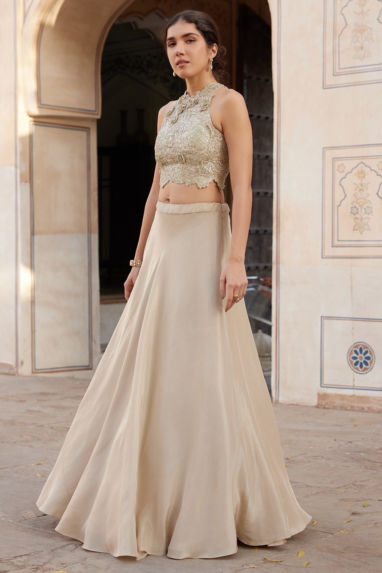 Beige Champagne Tissue Handcrafted Skirt Set by Osaa By