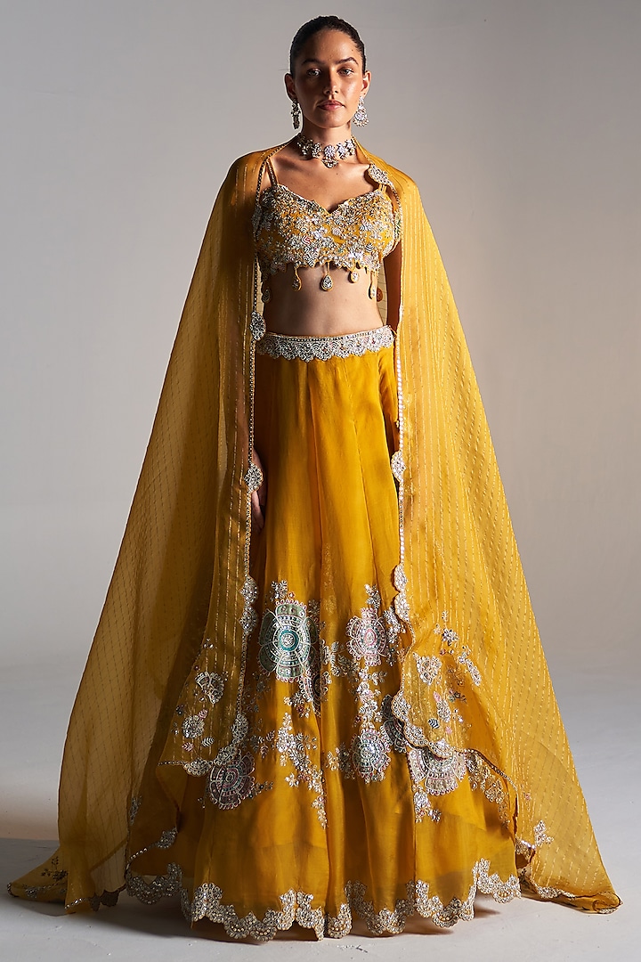 Honey Gold Organza Zardosi Embroidered Handcrafted Lehenga Set by Osaa By Adarsh