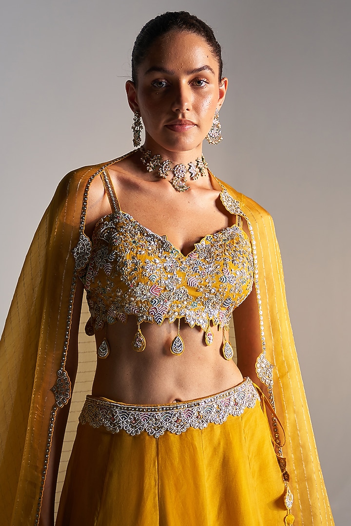 Honey Gold Organza Zardosi Embroidered Handcrafted Bridal Lehenga Set by Osaa By Adarsh at Pernia's Pop Up Shop