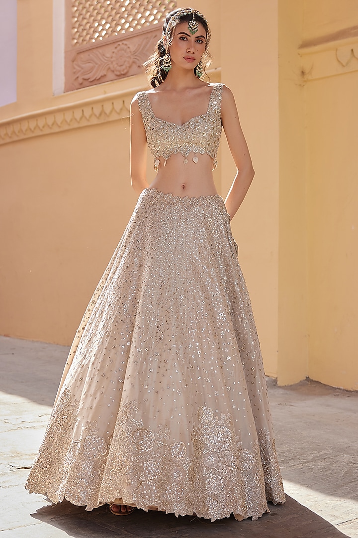 Beige Champagne Tissue Silk Zardosi Embroidered Handcrafted Bridal Lehenga Set by Osaa By Adarsh at Pernia's Pop Up Shop