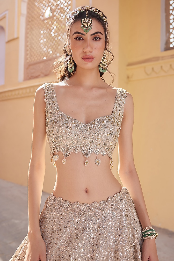 Beige Champagne Tissue Silk Zardosi Embroidered Handcrafted Bridal Lehenga Set by Osaa By Adarsh at Pernia's Pop Up Shop