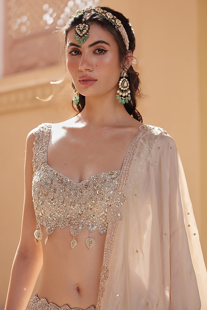 Beige Champagne Tissue Silk Zardosi Embroidered Handcrafted Bridal Lehenga Set by Osaa By Adarsh at Pernia's Pop Up Shop