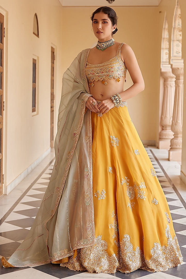 Orange Peel Organza Zardosi Embroidered Handcrafted Lehenga Set by Osaa By Adarsh