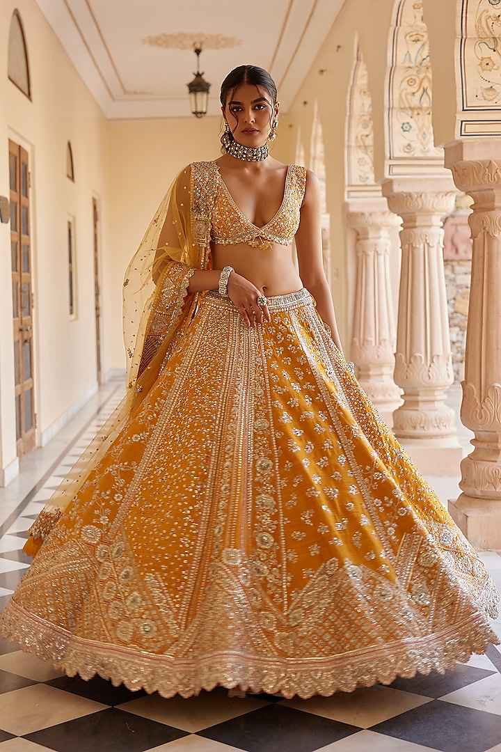 Orange Peel Raw Silk Zardosi Embroidered Handcrafted Lehenga Set by Osaa By Adarsh