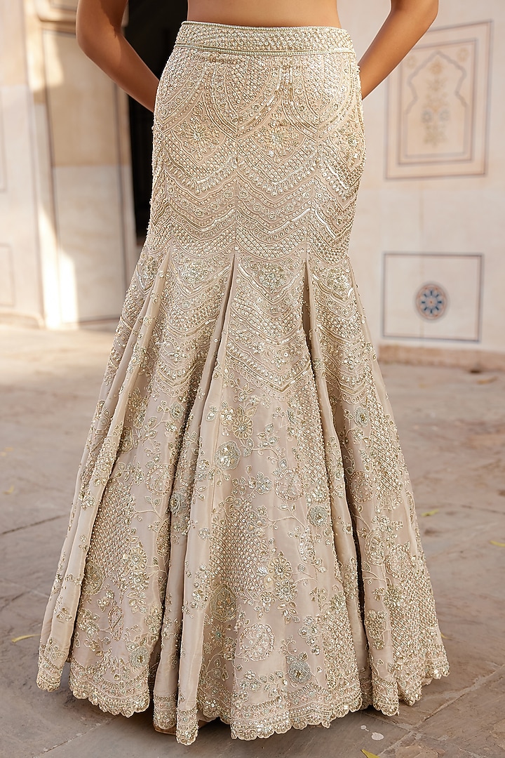 Beige Champagne Tissue Silk Handcrafted Fish-Cut Skirt Set by Osaa By Adarsh at Pernia's Pop Up Shop