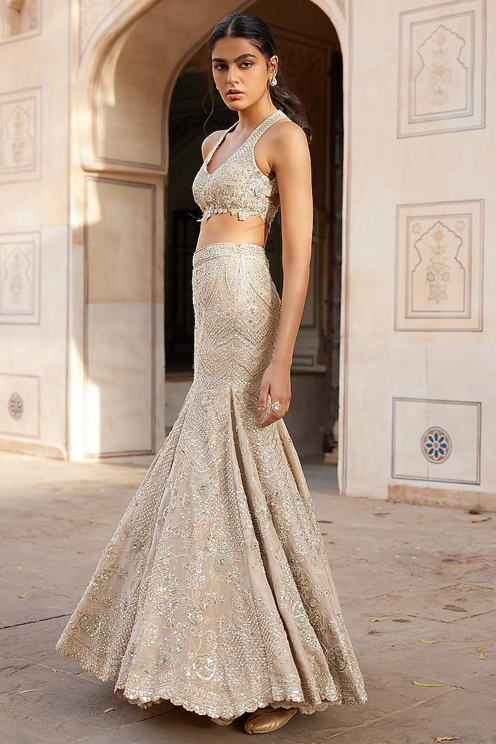 Beige Champagne Tissue Silk Handcrafted Fish-Cut Skirt Set by Osaa By Adarsh at Pernia's Pop Up Shop