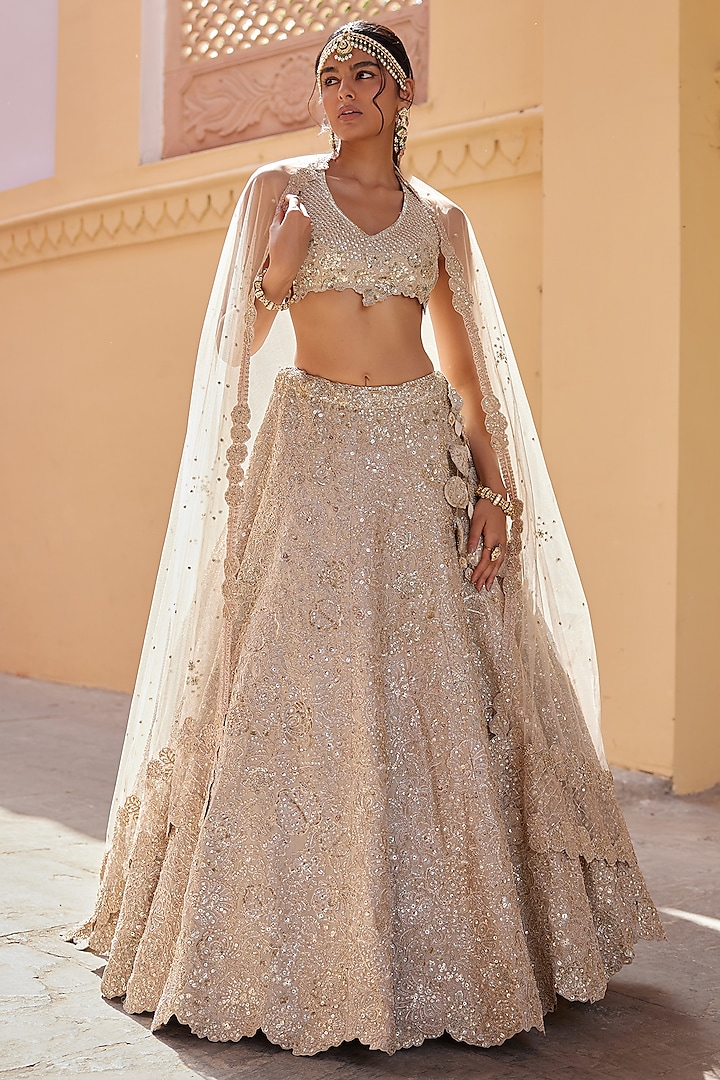 Beige Champagne Tissue Silk Zardosi Embroidered Handcrafted Lehenga Set by Osaa By Adarsh