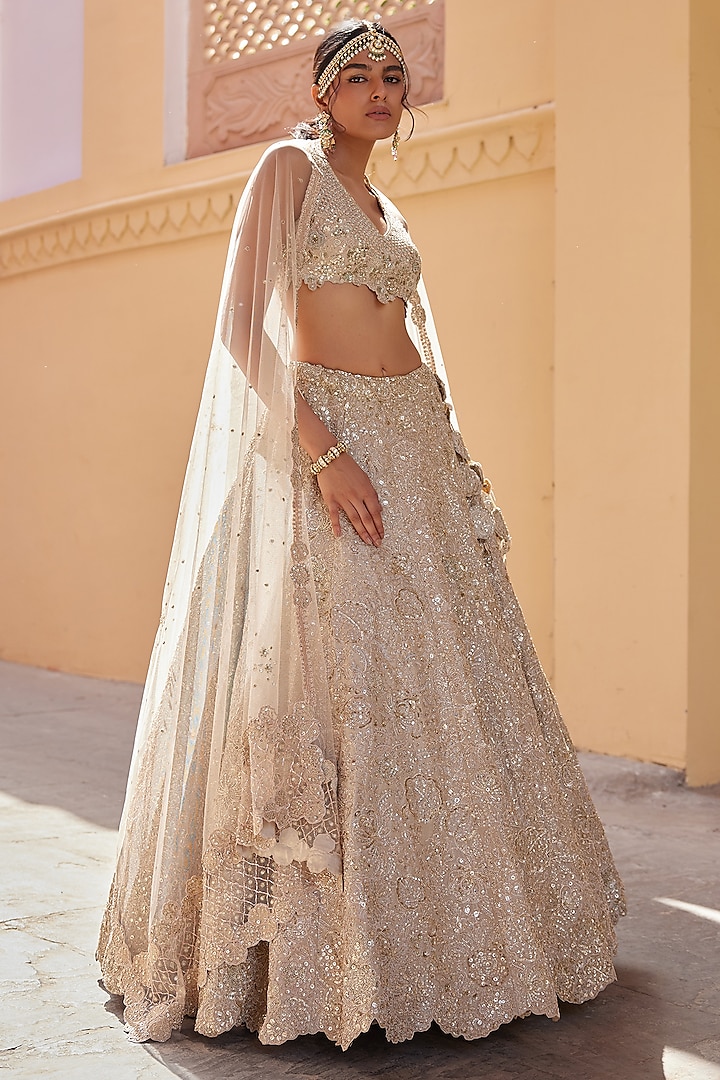 Beige Champagne Tissue Silk Zardosi Embroidered Handcrafted Bridal Lehenga Set by Osaa By Adarsh at Pernia's Pop Up Shop