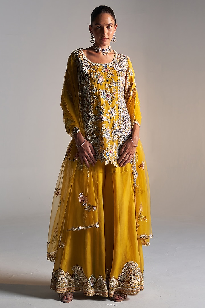 Honey Gold Organza Zardosi Embroidered Handcrafted Sharara Set by Osaa By Adarsh