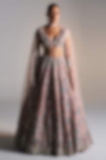 Camellia Pink Organza Applique Embroidered Bridal Lehenga Set by OSAA By Adarsh at Pernia's Pop Up Shop