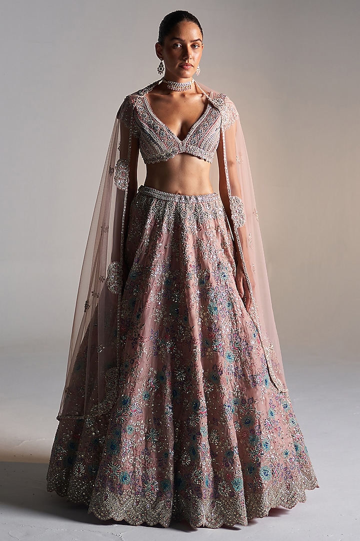 Camellia Pink Organza Applique Embroidered Bridal Lehenga Set by OSAA By Adarsh at Pernia's Pop Up Shop