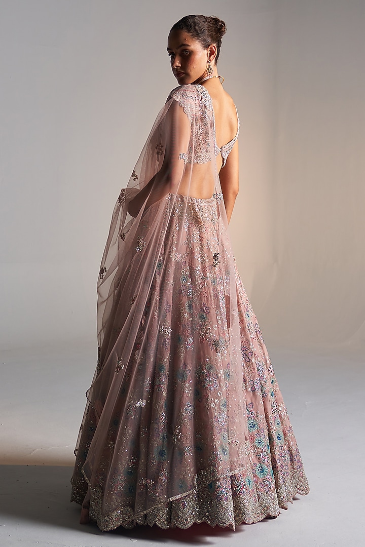 Camellia Pink Organza Applique Embroidered Bridal Lehenga Set by OSAA By Adarsh at Pernia's Pop Up Shop