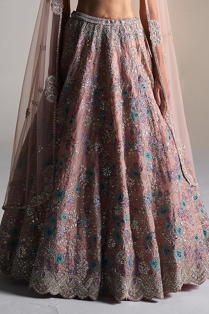 Camellia Pink Organza Applique Embroidered Bridal Lehenga Set by OSAA By Adarsh at Pernia's Pop Up Shop