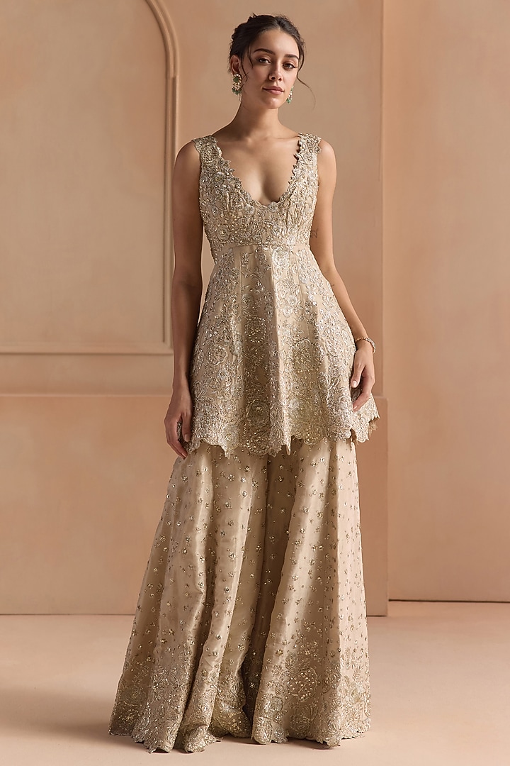 Champagne Tissue Silk Zardosi & Aari Embroidered Gharara Set by Osaa By Adarsh at Pernia's Pop Up Shop