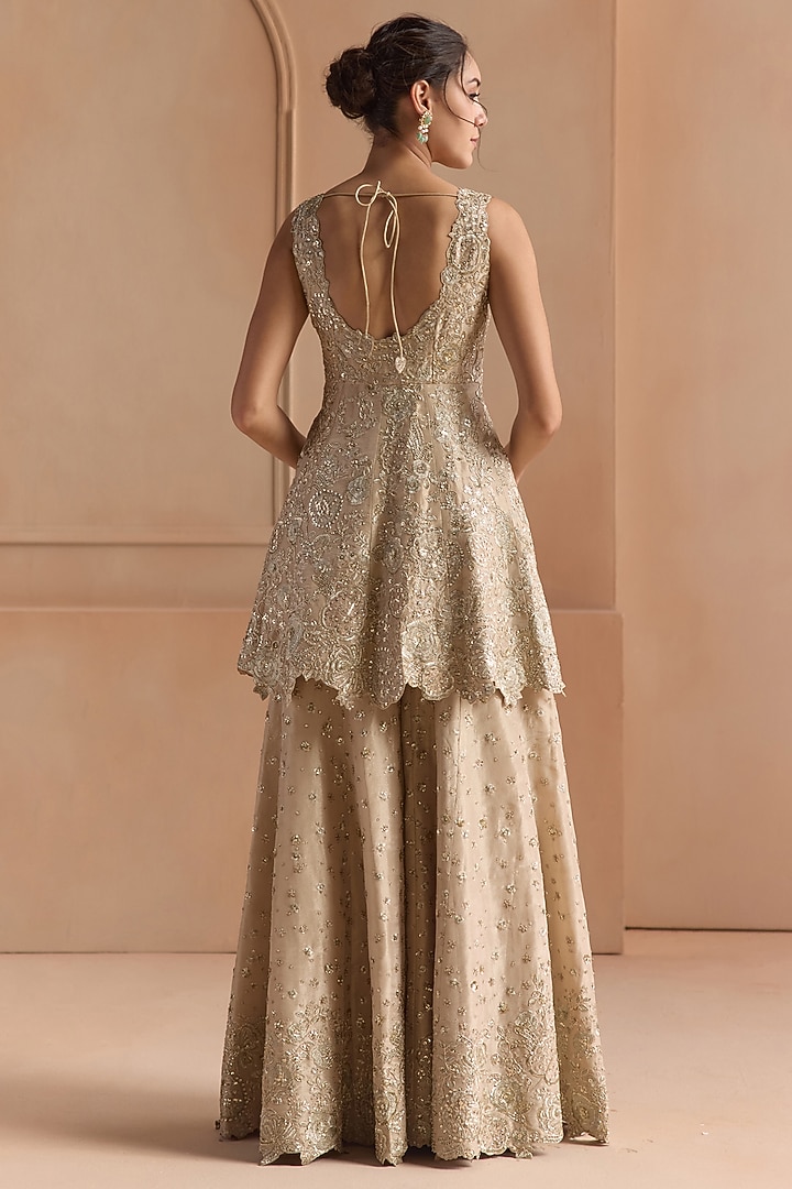 Champagne Tissue Silk Zardosi & Aari Embroidered Gharara Set by Osaa By Adarsh at Pernia's Pop Up Shop