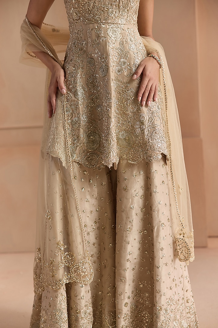 Champagne Tissue Silk Zardosi & Aari Embroidered Gharara Set by Osaa By Adarsh at Pernia's Pop Up Shop
