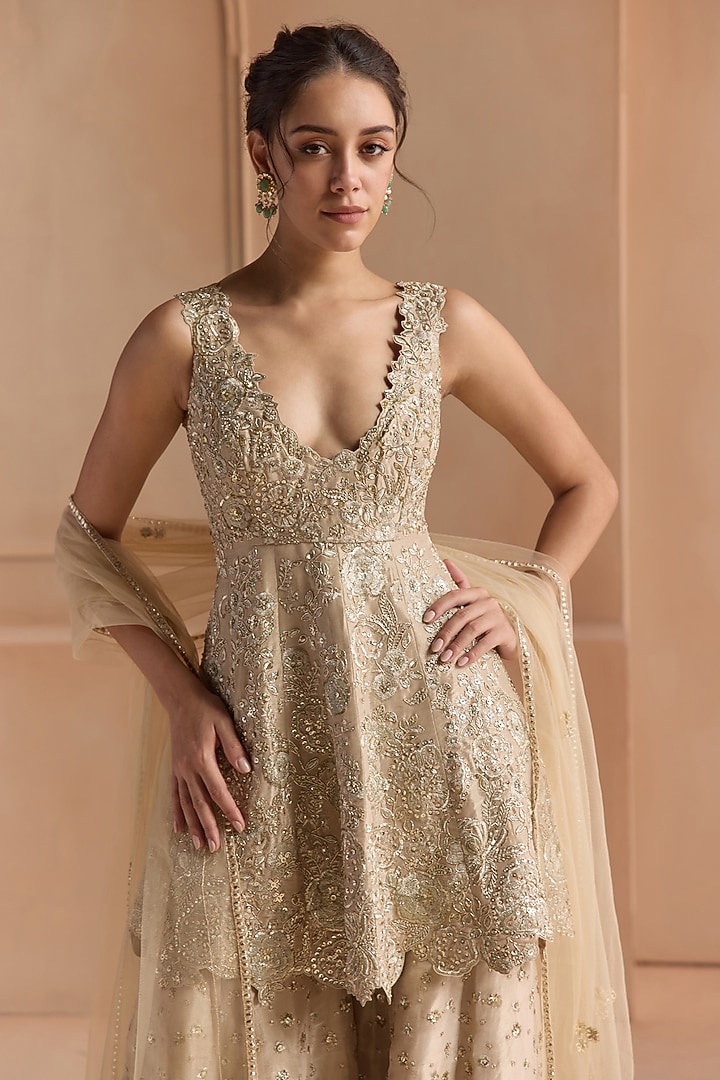 Champagne Tissue Silk Zardosi & Aari Embroidered Gharara Set by Osaa By Adarsh at Pernia's Pop Up Shop