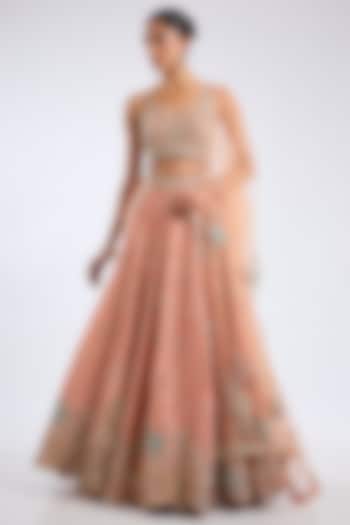 Salmon Peach Tissue Silk Aari Embroidered Bridal Lehenga Set by OSAA By Adarsh at Pernia's Pop Up Shop