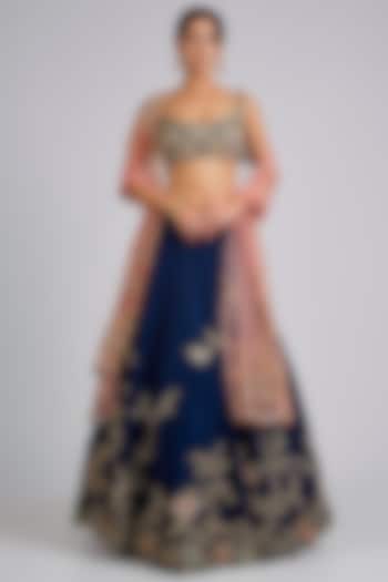 French Navy Mulberry Silk Bridal Lehenga Set by Osaa By Adarsh at Pernia's Pop Up Shop