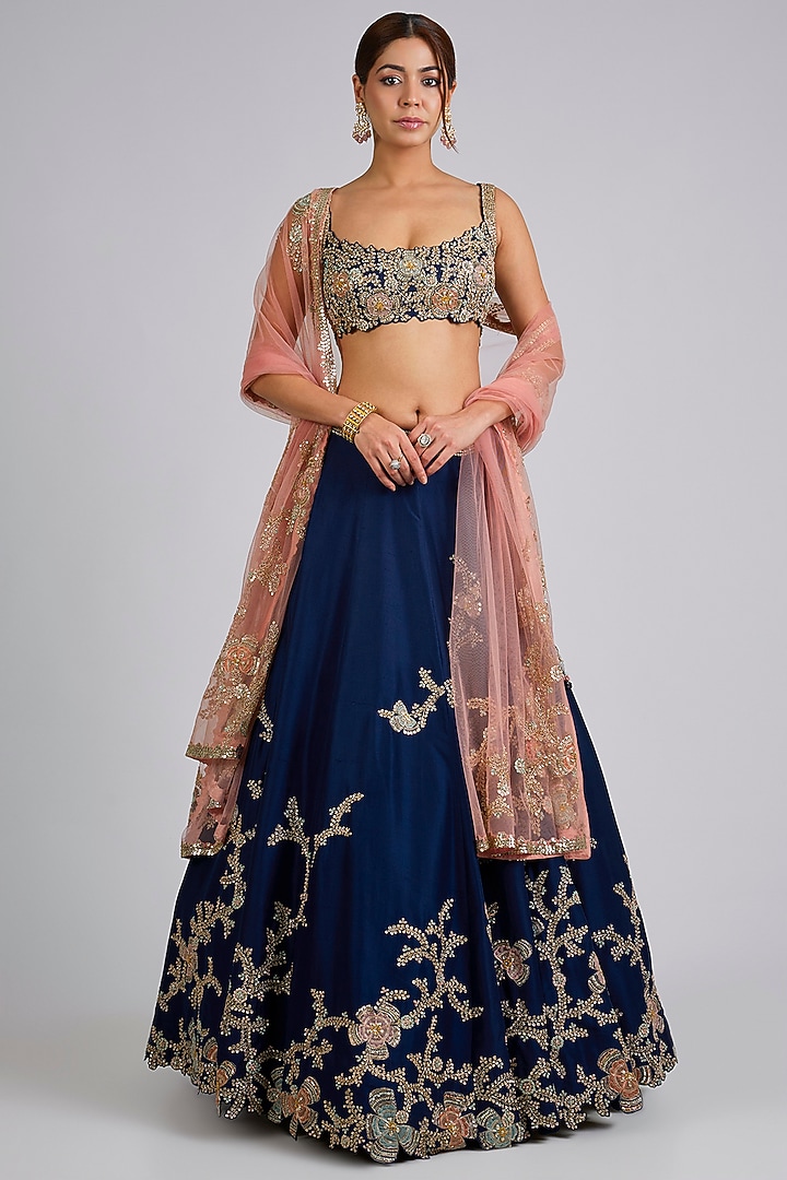 French Navy Mulberry Silk Bridal Lehenga Set by Osaa By Adarsh at Pernia's Pop Up Shop