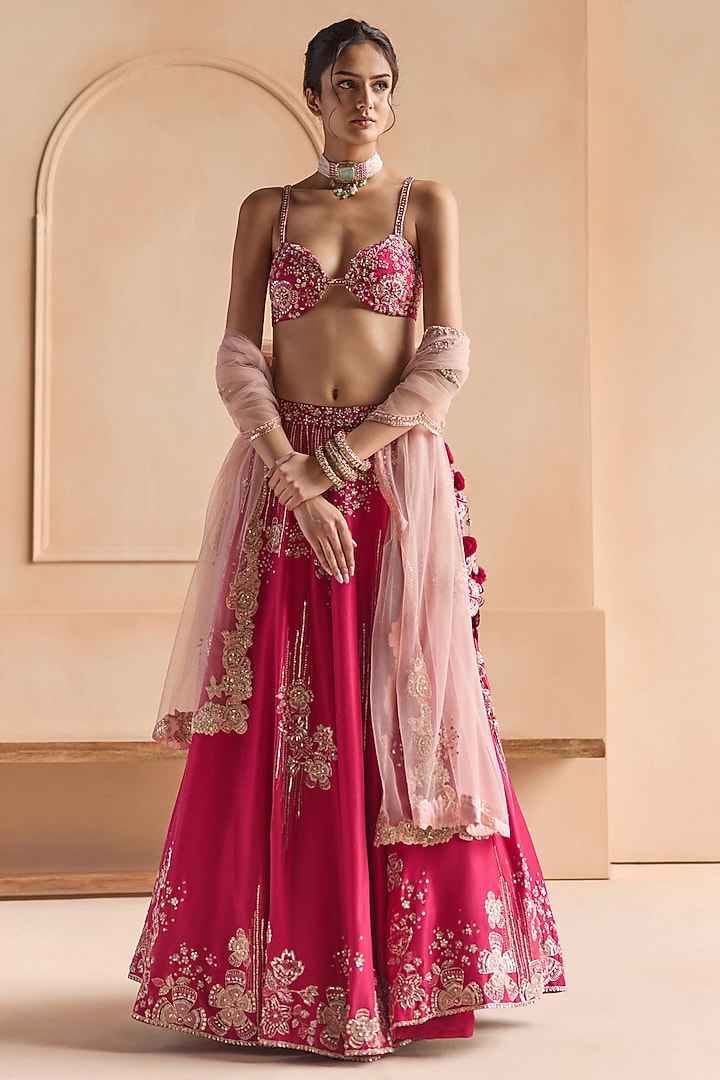 Ruby Mulberry Silk Zardosi Embroidered Bridal Lehenga Set by OSAA By Adarsh at Pernia's Pop Up Shop