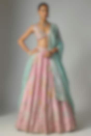 Flamingo Pink Tissue Silk Bridal Lehenga Set by OSAA By Adarsh at Pernia's Pop Up Shop