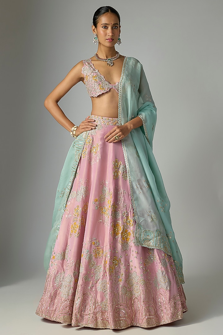 Flamingo Pink Tissue Silk Bridal Lehenga Set by OSAA By Adarsh at Pernia's Pop Up Shop
