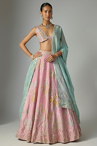 Flamingo Pink Tissue Silk Lehenga Set by OSAA By Adarsh