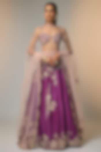 Aubergine Mulberry Silk Zardosi Handcrafted Bridal Lehenga Set by OSAA By Adarsh at Pernia's Pop Up Shop