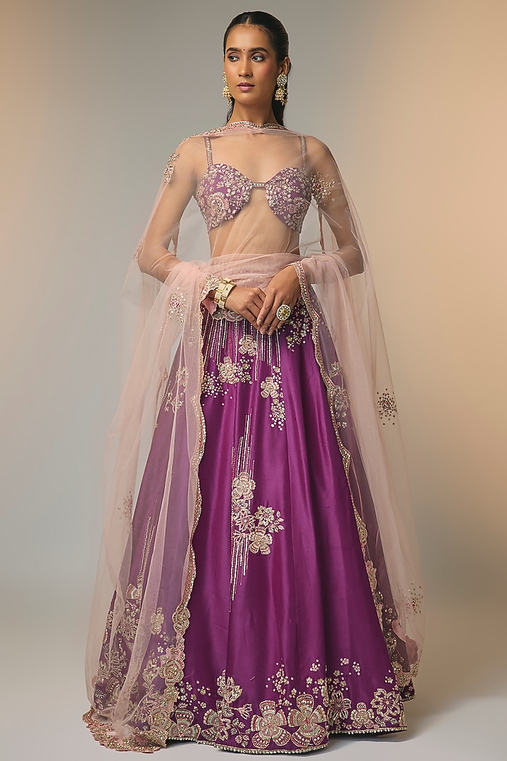 Aubergine Mulberry Silk Zardosi Handcrafted Bridal Lehenga Set by OSAA By Adarsh at Pernia's Pop Up Shop