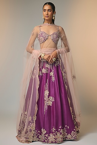 Aubergine Mulberry Silk Zardosi Handcrafted Lehenga Set by OSAA By Adarsh
